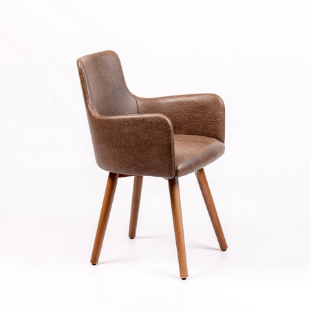  Fauteuil rembourré marron vintage avec pieds bois - Anders