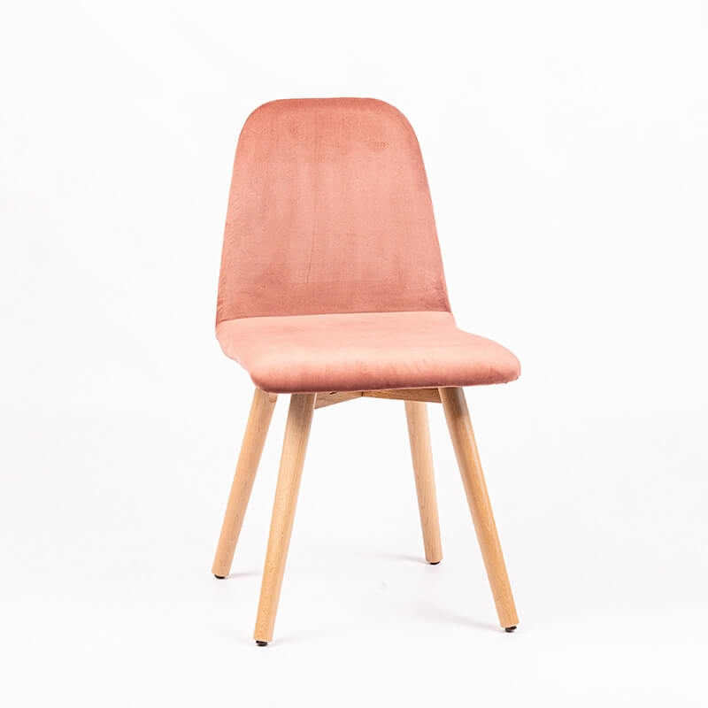 Chaise scandinave en tissu rose dos matelassé pieds bois naturel - Pandora diamant