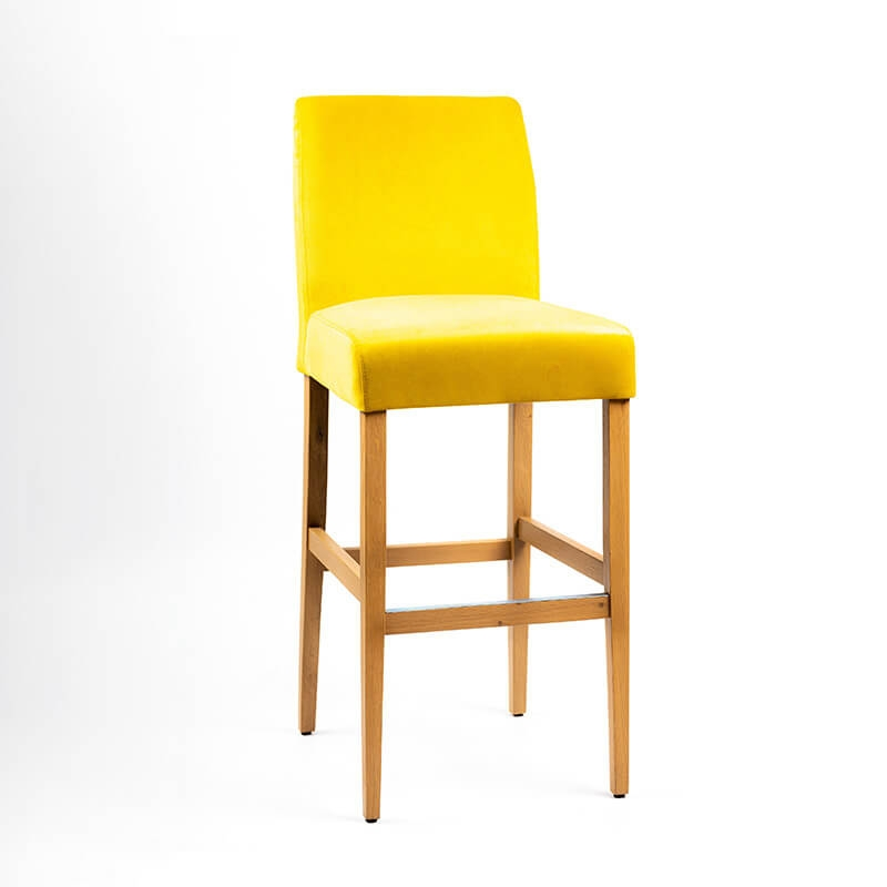 Tabouret de bar jaune avec dos en tissu matelassé et pieds en bois massif - BarFritz line