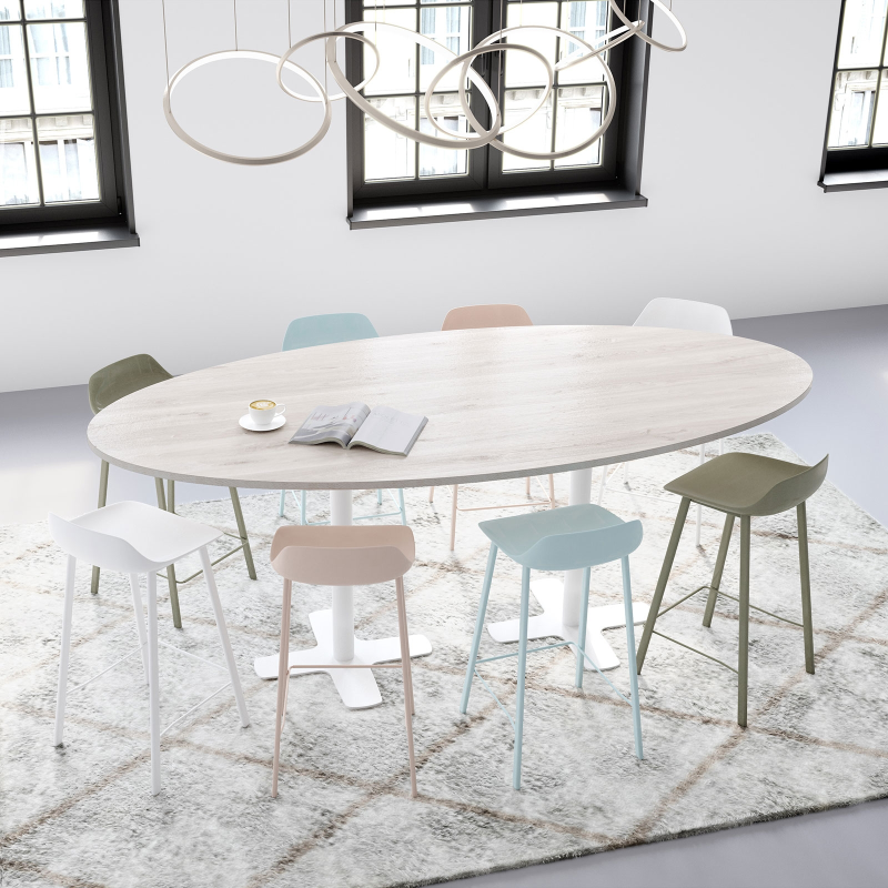 Table hauteur 90 cm ovale en stratifié avec deux pieds