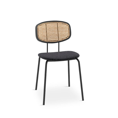 Chaise vintage noire avec dossier en cannage rotin assise tissu - Ritmo