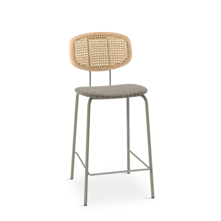 Tabouret snack vintage dossier en cannage rotin avec assise tissu  - Ritmo
