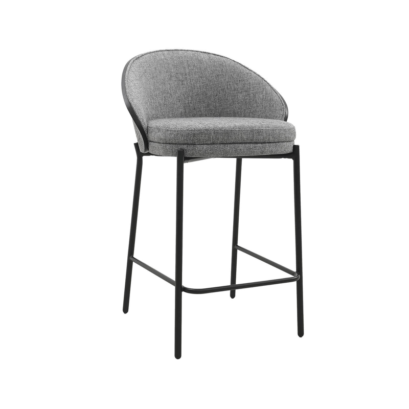 Tabouret snack bimatière en tissu gris avec dossier bois et pieds en métal - Sandro