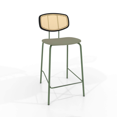 Tabouret snack rétro avec dossier cannage rotin et assise en synthétique - Ritmo