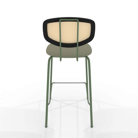 Tabouret 65 cm rétro avec dossier cannage rotin et assise en synthétique - Ritmo