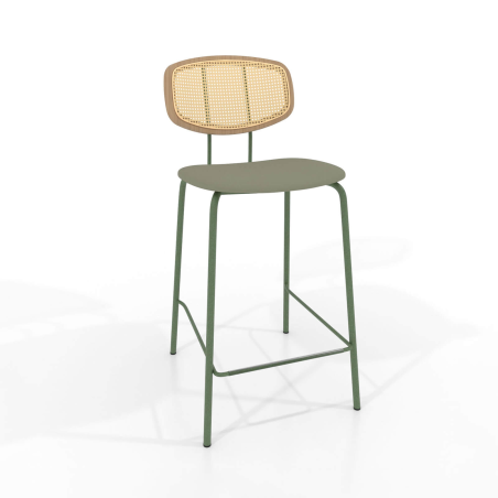 Tabouret 65 cm vintage avec dossier cannage rotin et assise en synthétique - Ritmo