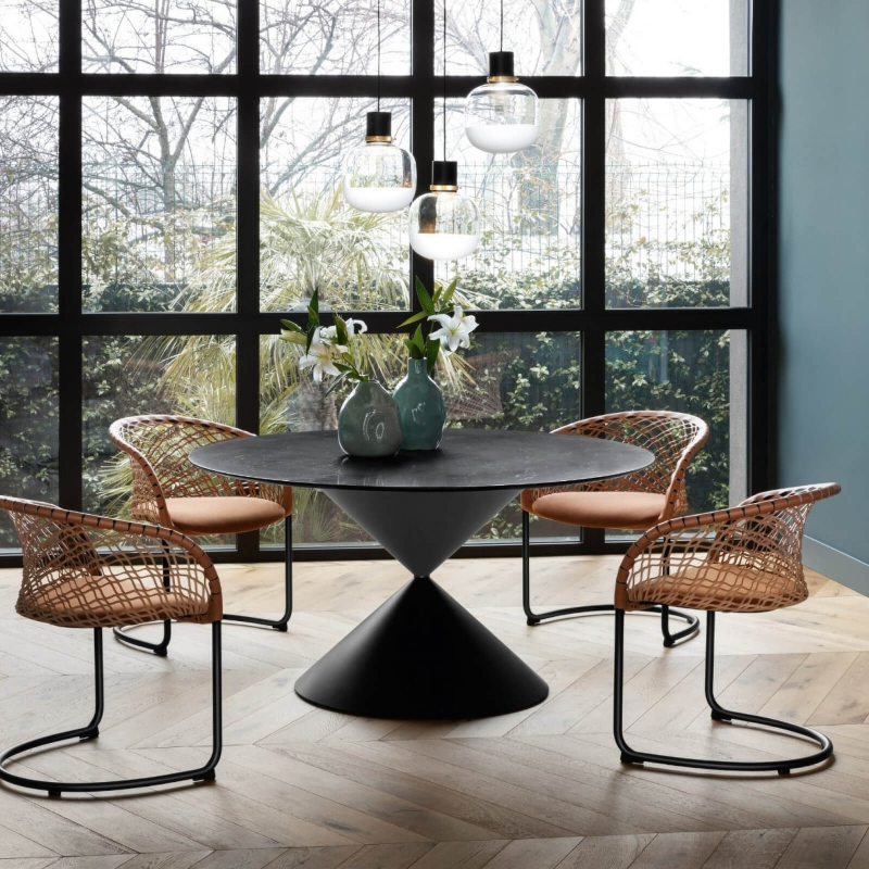 Table ronde design plateau céramique pied central sablier - Clessidra