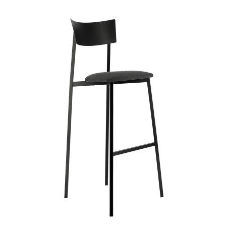 Tabouret de bar français noir avec assise en tissu rembourrée et dossier métal - Anémone Carrier®