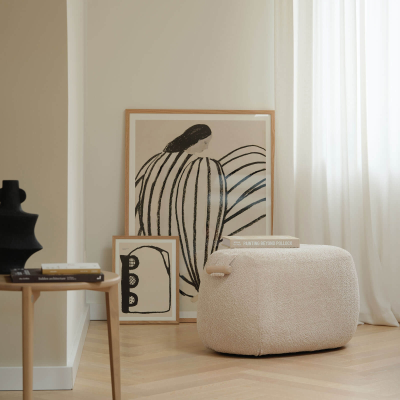 Grand pouf cosy en tissu blanc avec poignée en bois naturel - Thalia XL Mobitec ®