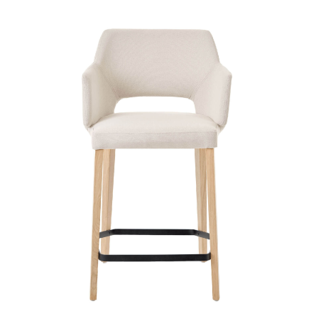 Tabouret haut en tissu blanc avec accoudoirs et pieds en bois naturel - Lena Mobitec ®