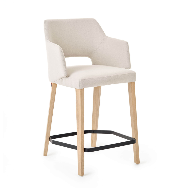 Tabouret hauteur 65 cm en tissu blanc avec accoudoirs et pieds en bois naturel - Lena Mobitec ®