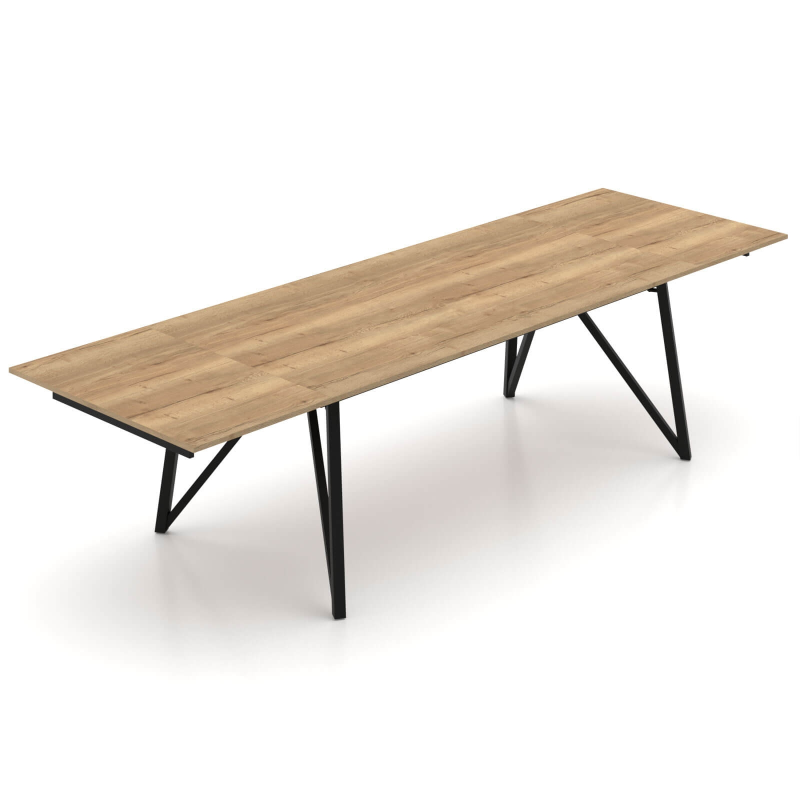 Table industrielle extensible en mélaminé chêne naturel avec pieds en métal noir - Claire