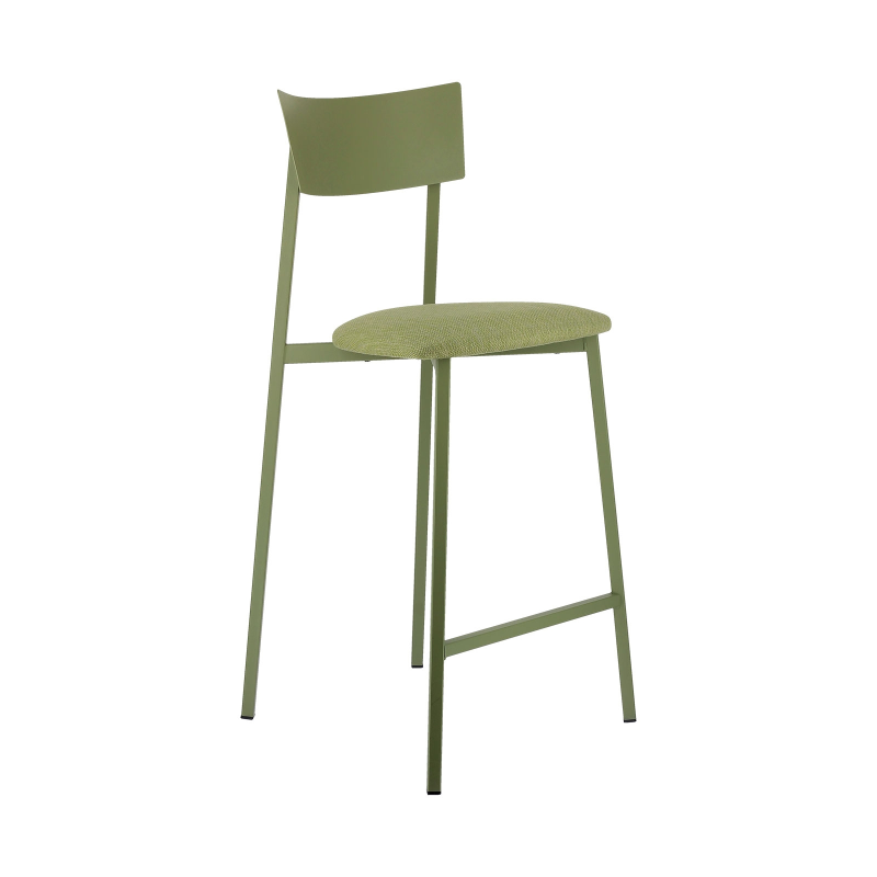 Tabouret snack français avec assise en tissu rembourrée et dossier métal - Anémone Carrier®