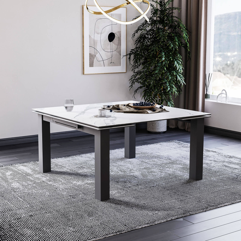 Table moderne carrée extensible en céramique avec pieds en métal - Hector