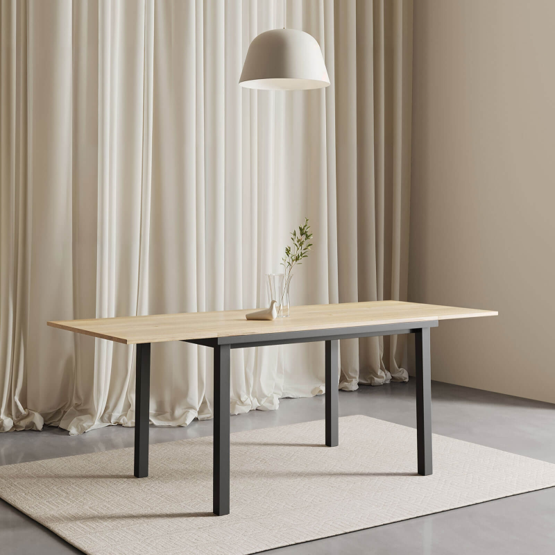 Table avec allonges en mélaminé chêne naturel avec pieds en métal noir - Valentina