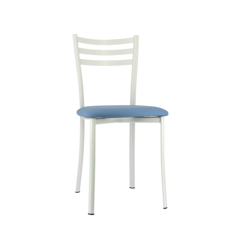 Chaise de cuisine blanche en métal et assise bleu ciel - Ace 1320