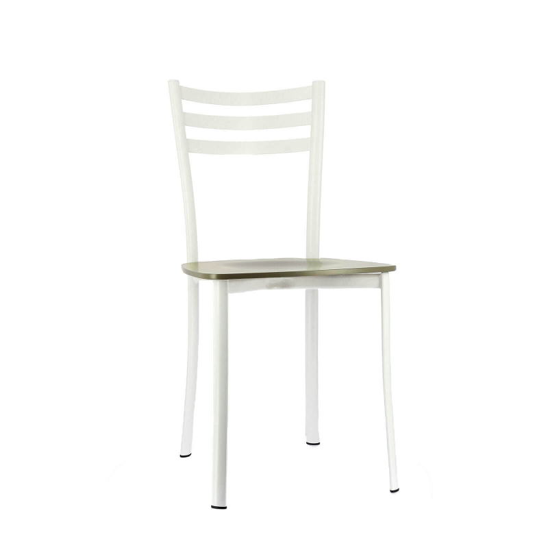 Chaise de cuisine en métal blanc et assise bois taupe - Ace 1320