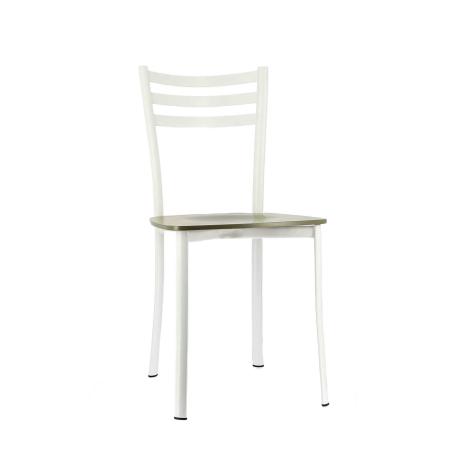 Chaise de cuisine en métal blanc et assise bois taupe - Ace 1320
