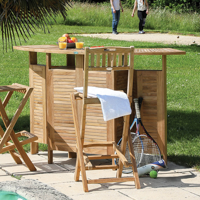 Table de bar de jardin avec rangement pliable en teck massif - Menhir