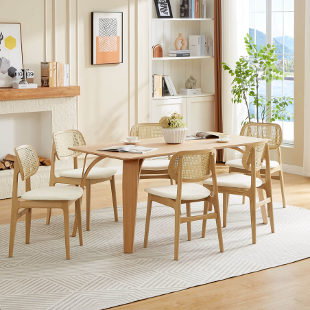 Chaise en bois avec dossier en cannage et assise tissu - Nina