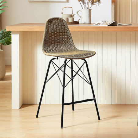 Tabouret snack tressé naturel avec pieds noirs - Java