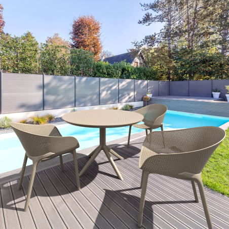 Fauteuil de jardin moderne empilable coque microperforée en polypropylène taupe - Sky Pro