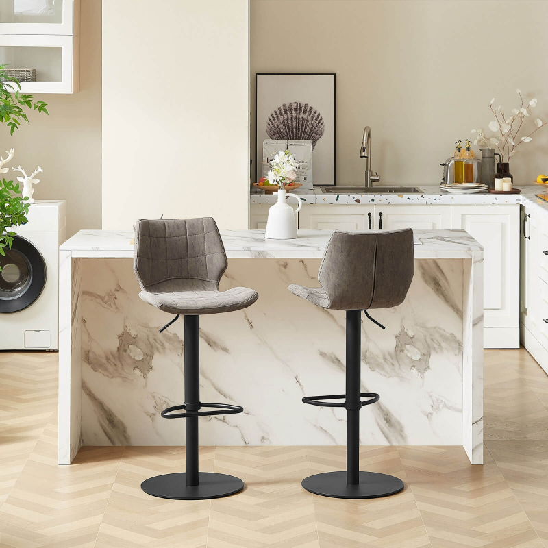 Tabouret tournant et réglable coque matelassée et patinée gris mat avec pied en métal noir - Indica