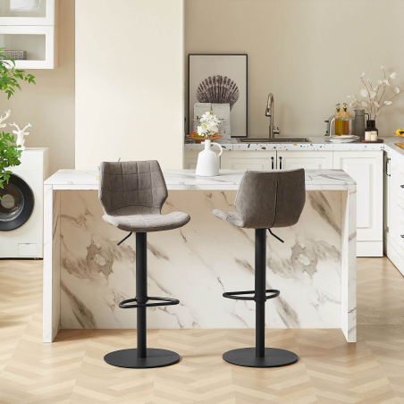 Tabouret tournant et réglable coque matelassée et patinée gris mat avec pied en métal noir - Indica