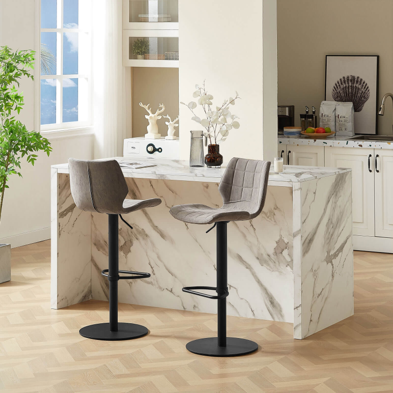 Tabouret tournant et réglable coque matelassée et patinée gris mat avec pied en métal noir - Indica