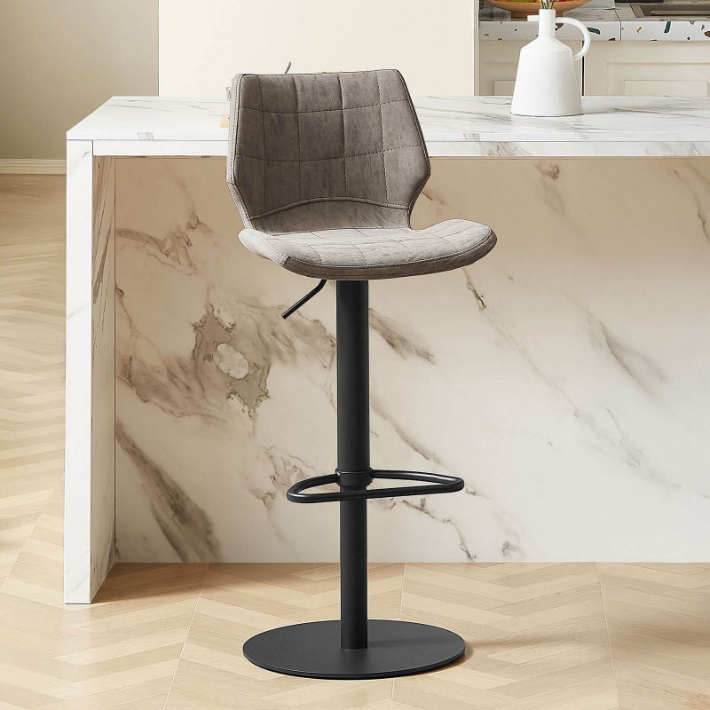 Tabouret tournant et réglable coque matelassée et patinée gris mat avec pied en métal noir - Indica