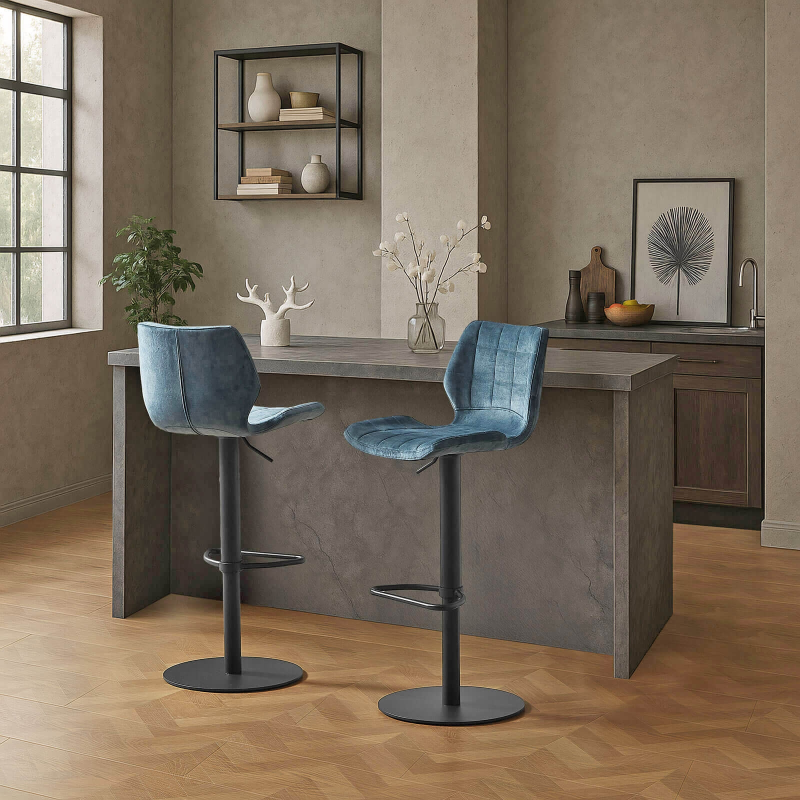 Tabouret assise tournante et réglable coque en velours avec pied en métal noir - Indica