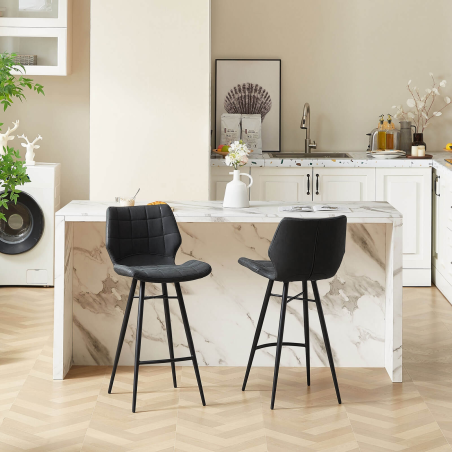 Tabouret design inspiration vintage coque matelassée patinée noir mat et pieds en métal noir - Impia