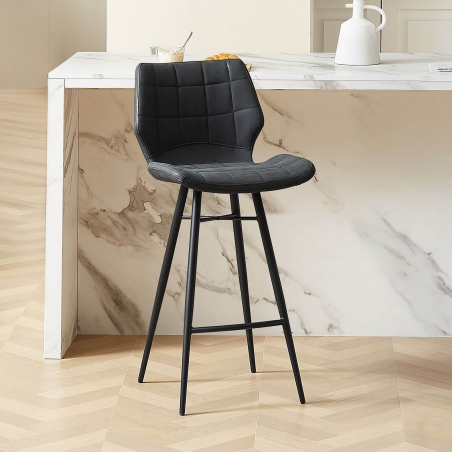 Tabouret design inspiration vintage coque matelassée patinée noir mat et pieds en métal noir - Impia