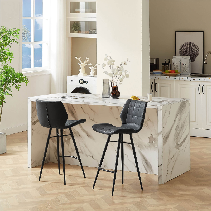 Tabouret design inspiration vintage coque matelassée patinée noir mat et pieds en métal noir - Impia