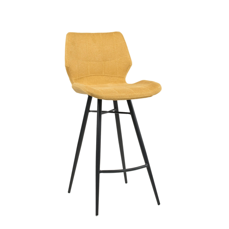 Tabouret design jaune coque matelassée en tissu et pieds en métal noir
