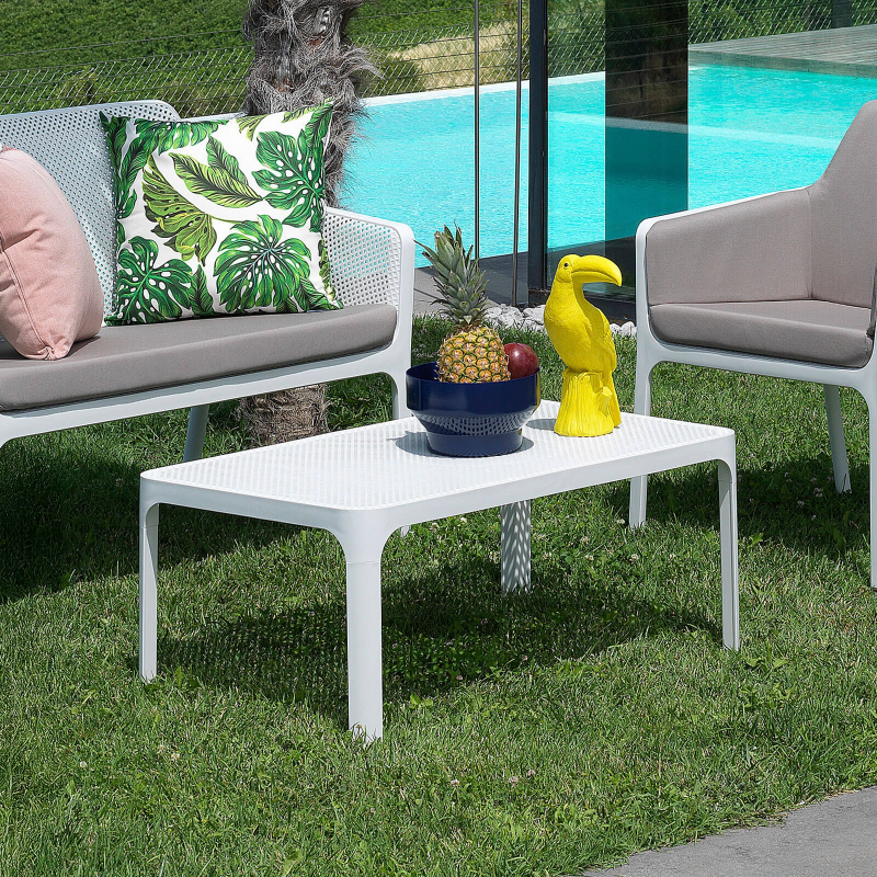 Table basse de jardin moderne avec plateau blanc micro-perforé 100 x 60 cm - Net