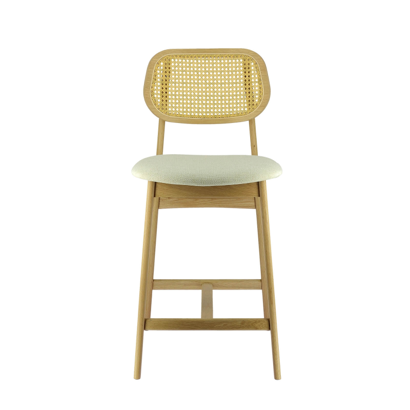Tabouret haut avec dossier en cannage et assise en tissu - Augustin