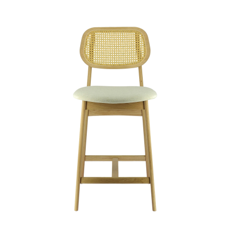 Tabouret haut avec dossier en cannage et assise en tissu - Augustin