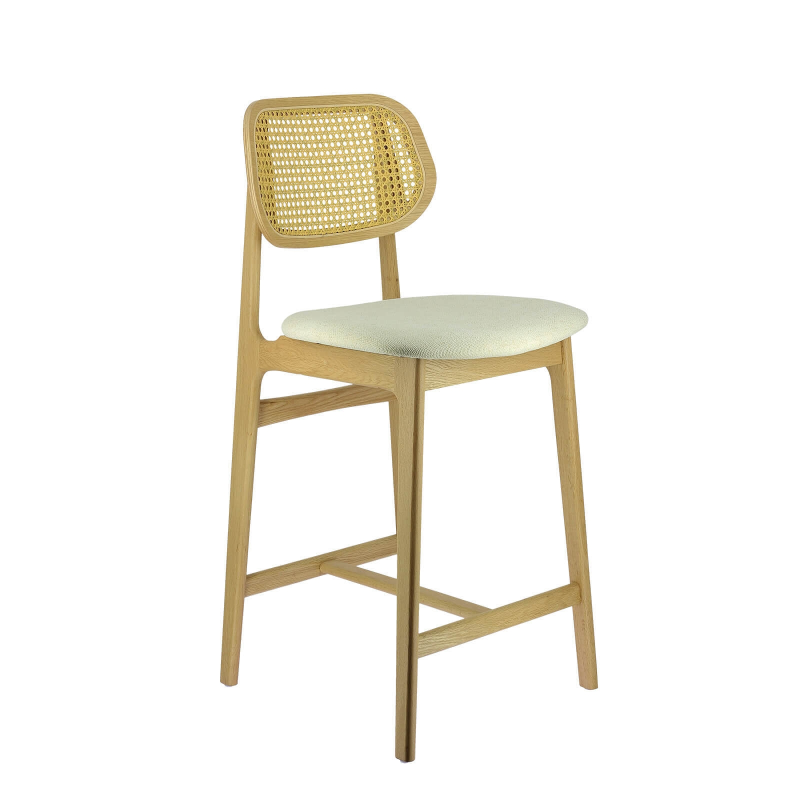 Tabouret snack bohème avec dossier en cannage et assise en tissu - Augustin