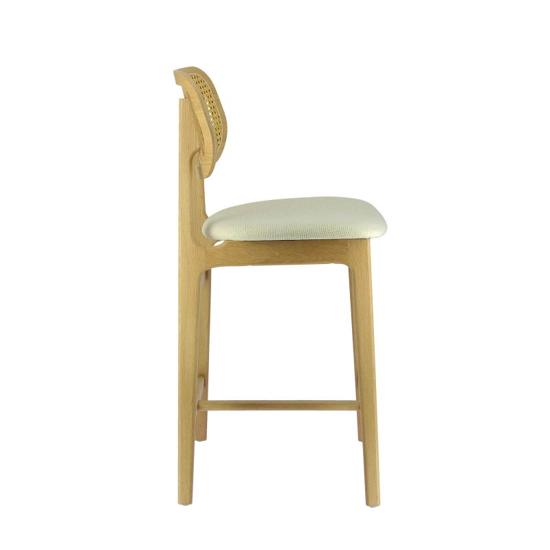 Tabouret haut bohème avec dossier en cannage et assise en tissu - Augustin