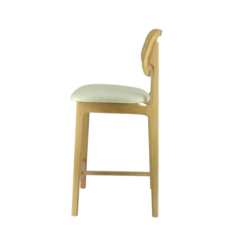 Tabouret naturel avec dossier en cannage et assise en tissu - Augustin