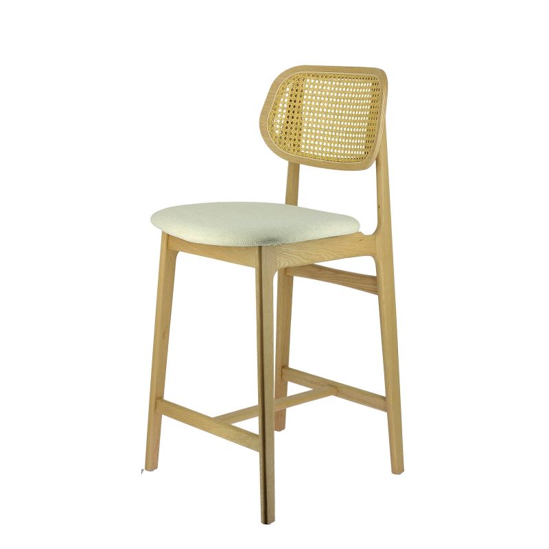 Tabouret moderne avec dossier en cannage et assise en tissu - Augustin