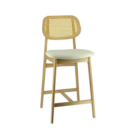 Tabouret snack avec dossier en cannage et assise en tissu - Augustin