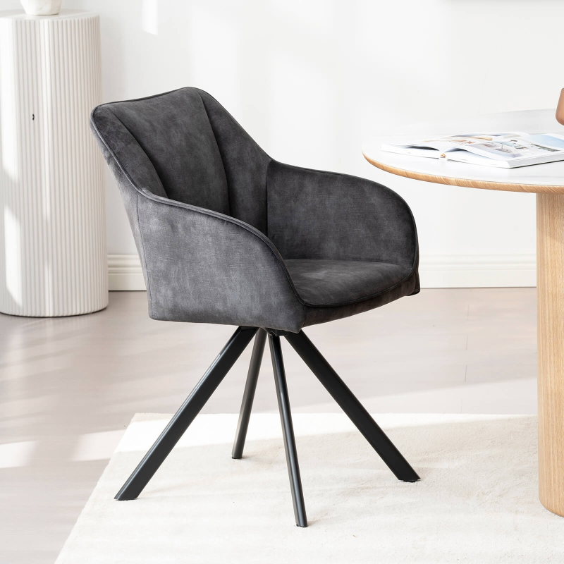 Fauteuil cosy pivotant en tissu anthracite avec pieds en métal - Claudie