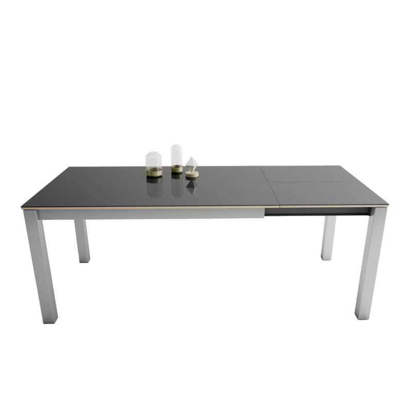 Table rectangulaire en verre anthracite brillant et métal aluminium extensible - Kyoto