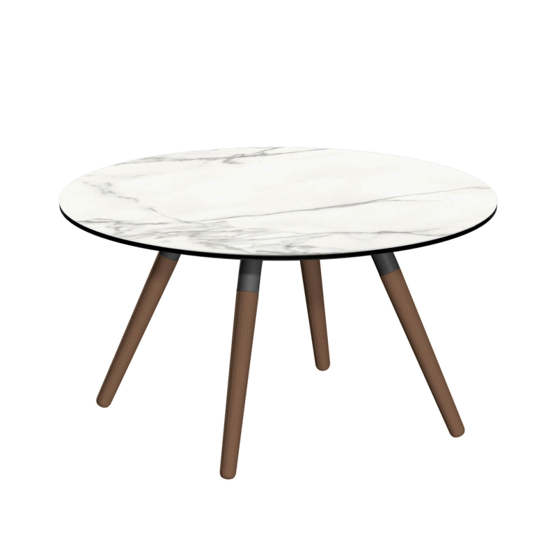 Table ronde en céramique avec pieds en bois