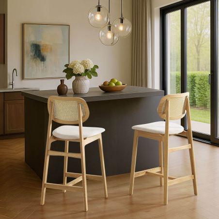 Tabouret snack avec dossier en cannage et assise en tissu - Augustin