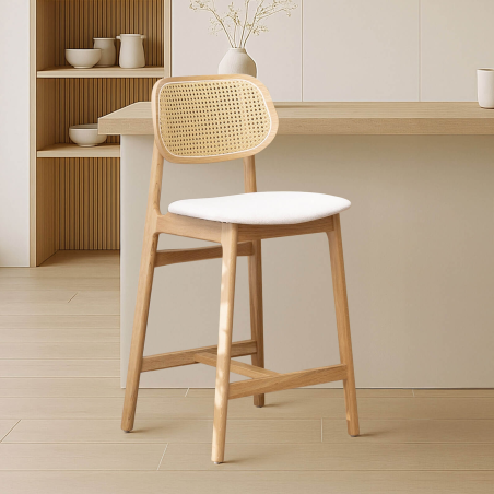 Tabouret snack avec dossier en cannage et assise en tissu - Augustin
