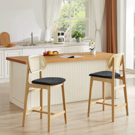 Tabouret snack avec dossier en cannage et assise en tissu - Augustin