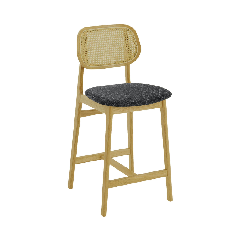 Tabouret snack avec dossier en cannage et assise en tissu - Augustin